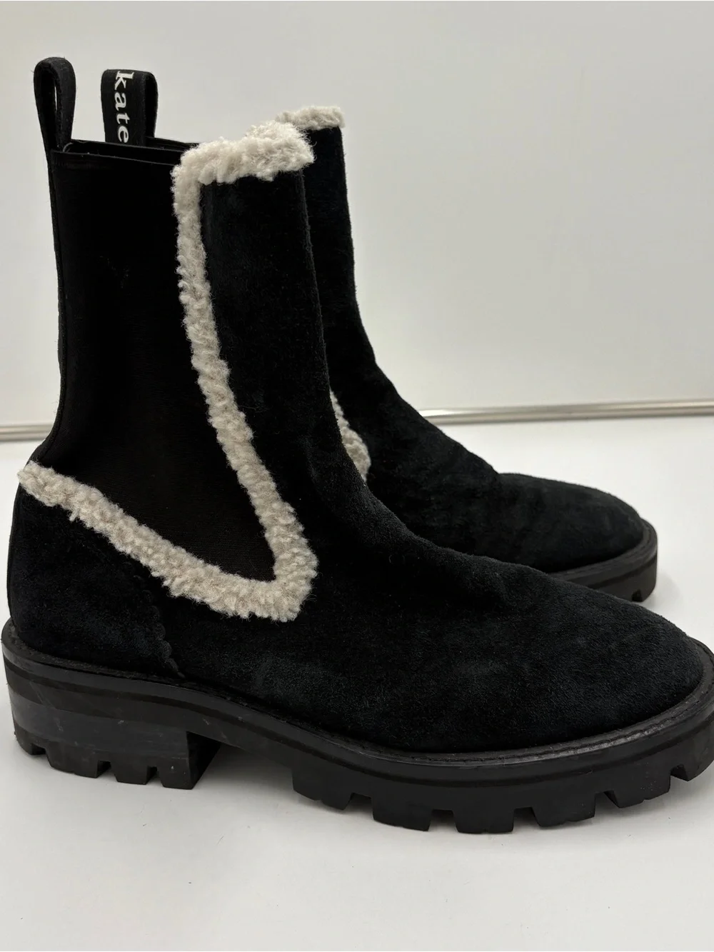 Kate Spade Piper Chelsea Boots Black Suede Pull On Shearling Women’s Size 10